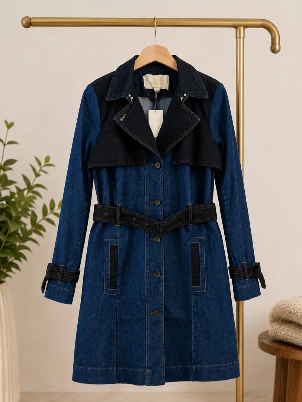 Gloria Vanderbilt Dark Blue Denim Trench with Tan Stitching
